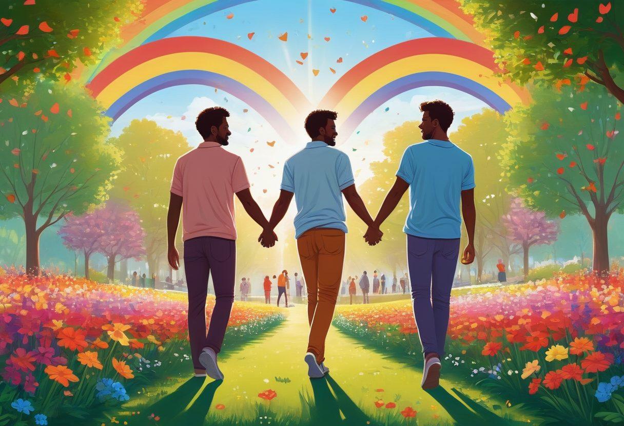 A vibrant and colorful illustration depicting two men holding hands in a sunlit park, surrounded by blooming flowers symbolizing love and acceptance. In the background, a rainbow flag waves gently in the breeze as diverse couples share affectionate moments, showcasing a tapestry of various love stories. Soft, warm lighting enhances the atmosphere, evoking a sense of joy and inclusivity. vector art. vibrant colors. white background.