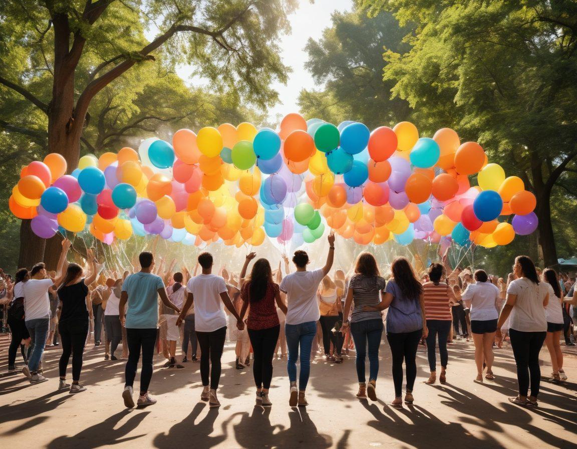 A vibrant celebration scene featuring diverse individuals of the queer community holding hands together in solidarity, surrounded by colorful rainbow flags and balloons. The background showcases a lively city park filled with joyful expressions and supportive signs advocating for gay rights and inclusivity. Bright sun rays illuminate the scene, creating an uplifting atmosphere. The artwork should emphasize unity and love among different identities. vibrant colors. super-realistic.