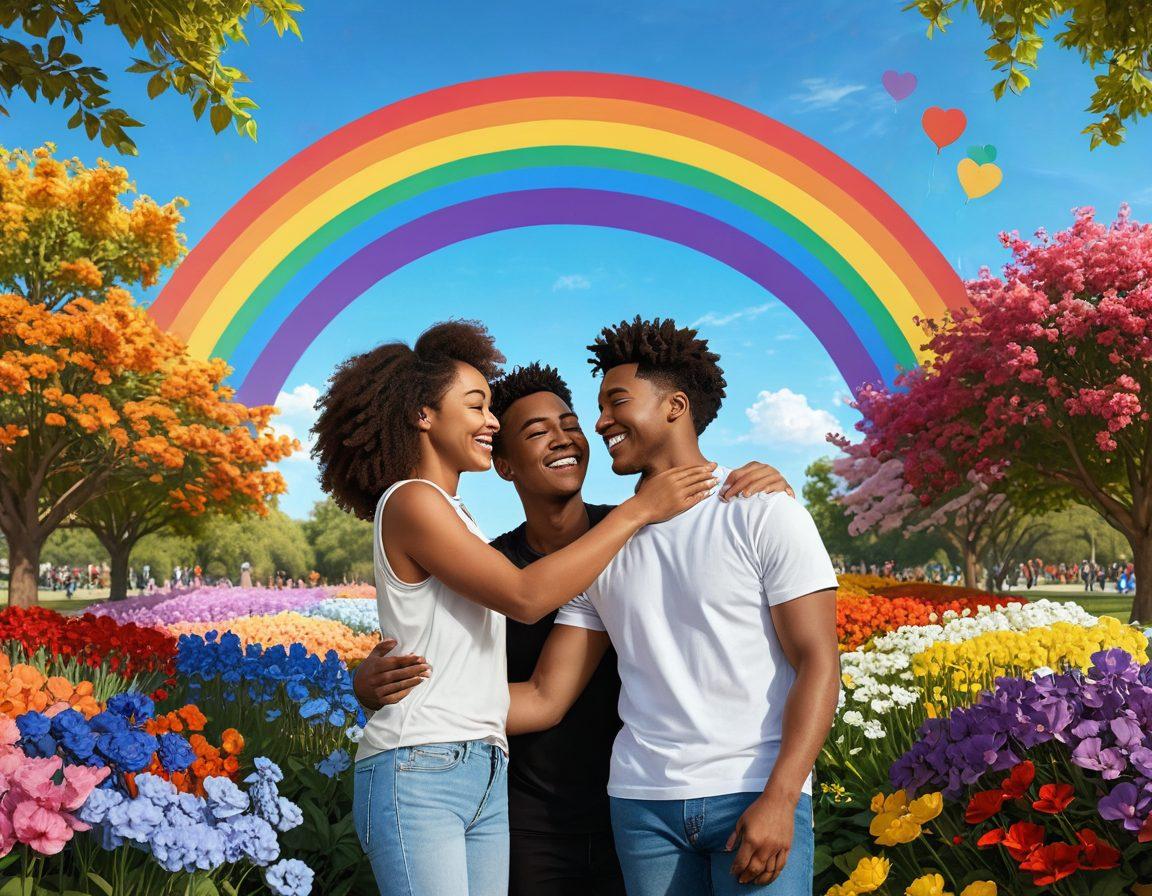 A colorful and warm illustration depicting two diverse couples of different ethnicities sharing a joyful moment in a park full of blooming flowers, with a rainbow flag gently waving in the background. The scene is filled with love, unity, and inclusivity, showcasing small details like heart-shaped icons and subtle symbols of LGBTQ advocacy. The atmosphere is bright and encouraging, inviting viewers into a supportive community. vibrant colors. 3D illustration.